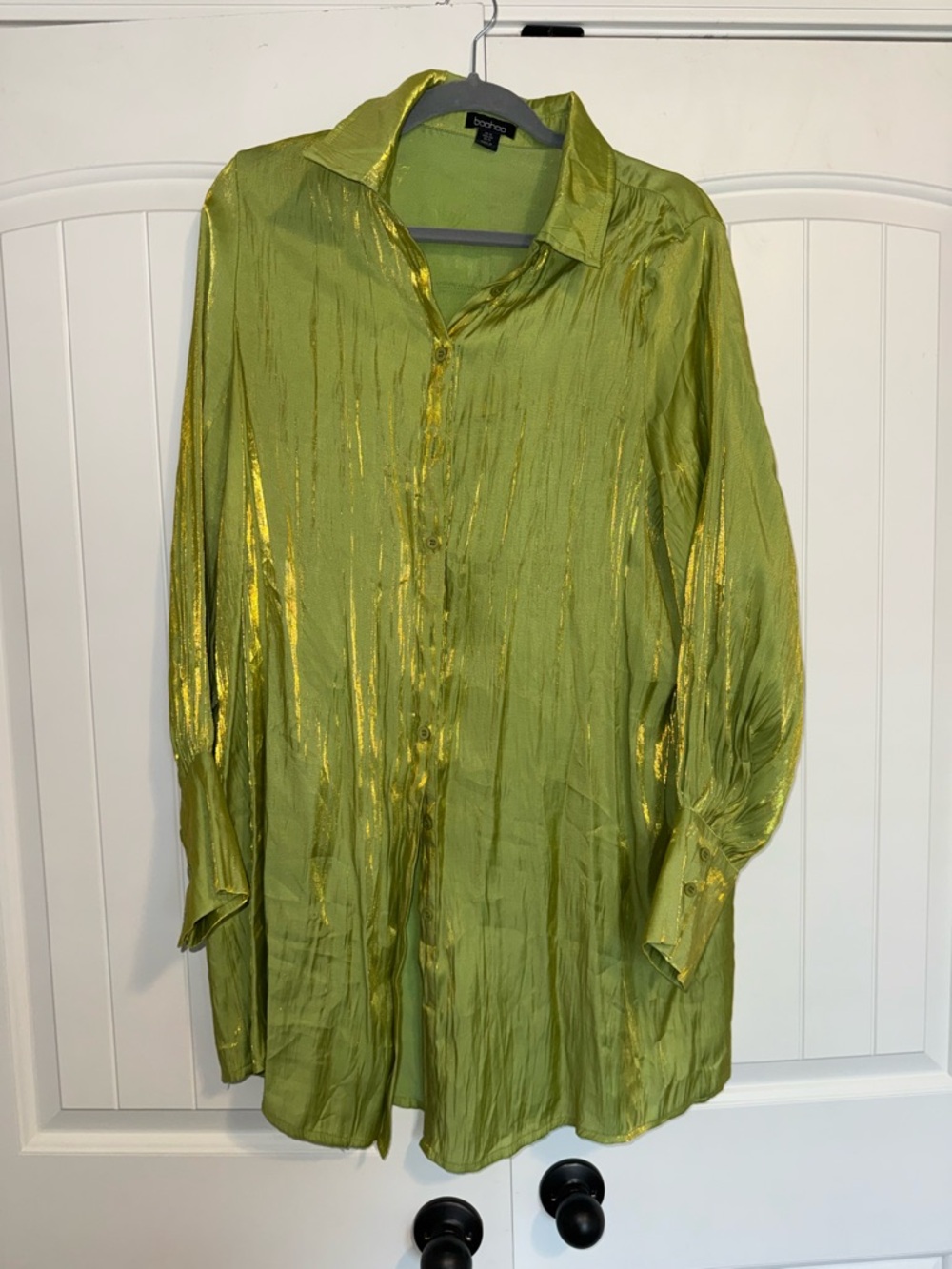 Boohoo Metallic Olive Green Longline Button-Down Shirt